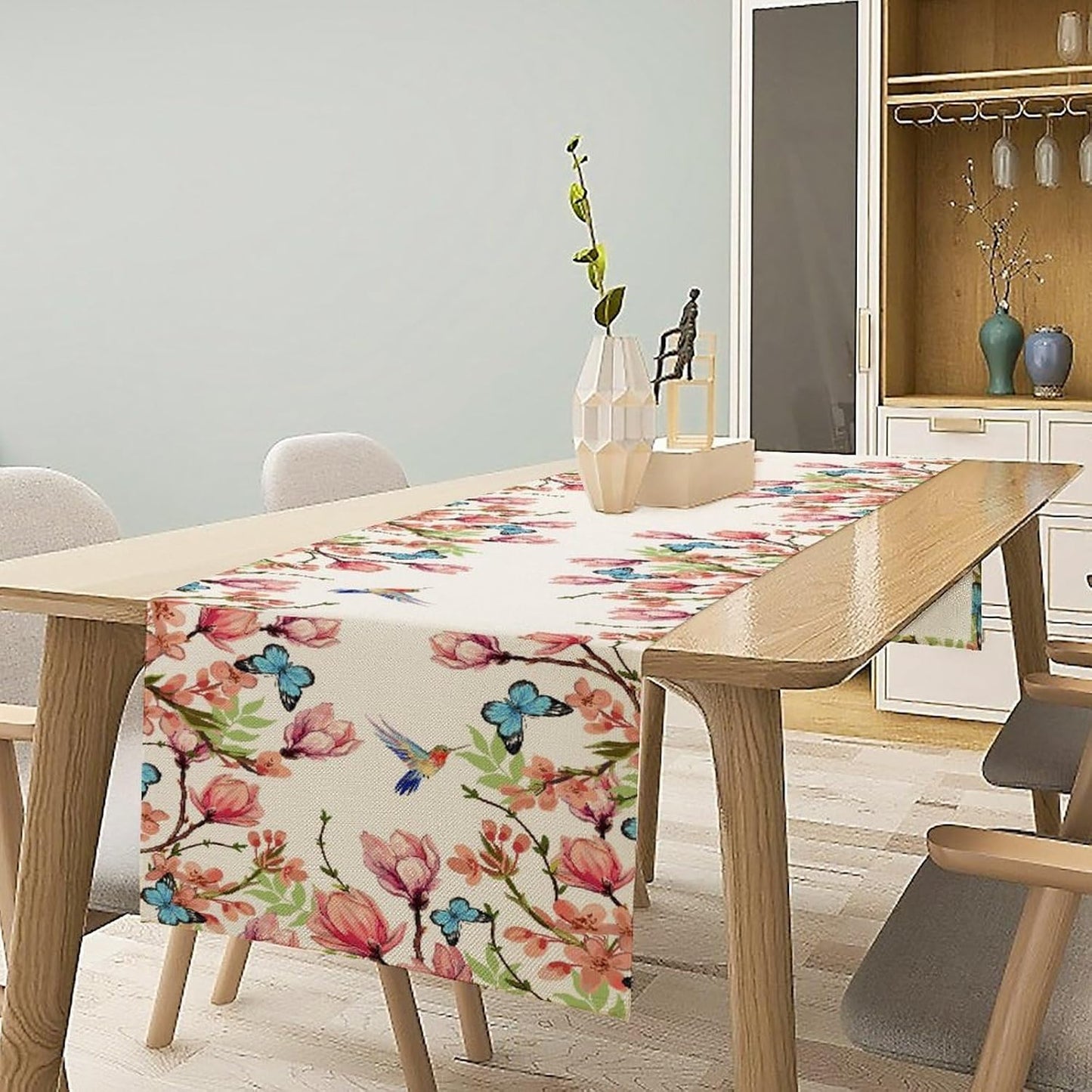 Flowers Table Runner,Floral Bird Butterfly Spring Table Cloth Kitchen Dining Table Home Party Decoration 13x90 Inch