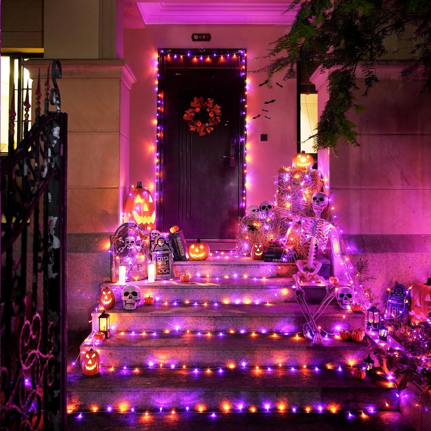 JMEXSUSS 163 FT 500 LED Halloween String Lights Indoor, Orange and Purple Halloween Lights Outdoor, 8 Modes Outdoor Waterproof Clear Wire Christmas String Light Plug in