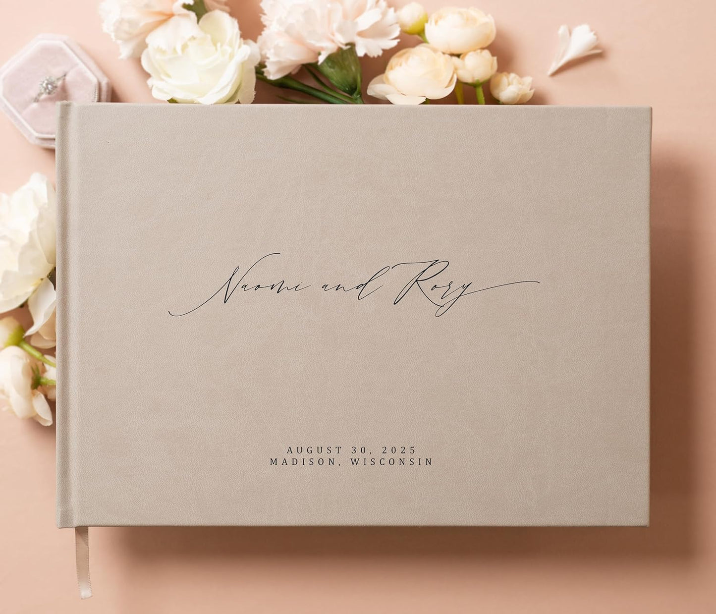 MUUJEE Personalized Guestbook in Taupe - Premium Custom Modern Guest Book for Wedding Reception, Birthday Party or Events w/Bookmark Blank Pages for Signing 11.5 x 8.5 inches