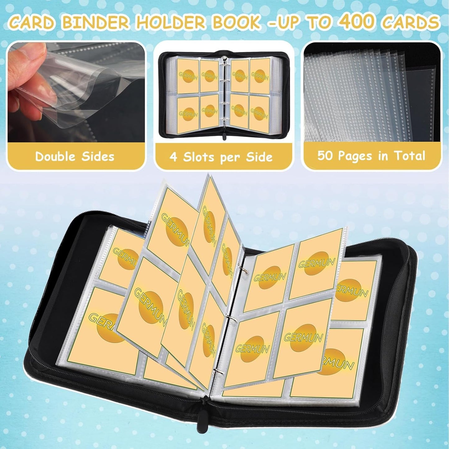 4 Pocket Card Binder, Premium Zip Trading Card Binder, 400 Double Sided Pocket PU Card Collection Binder, Collector Card Album, Card Folder for MTG, TCG, Sports Cards, Game Cards (White)