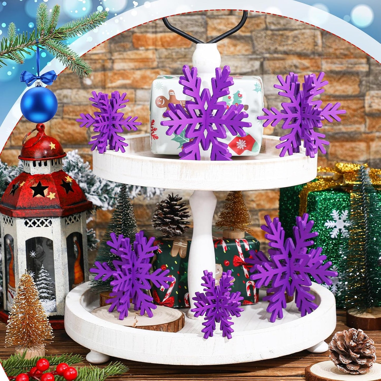 Bucherry 12 Pcs Wooden Snowflake Table Decor 3D Snowflake Tabletop Signs and Centerpiece for Christmas Xmas Winter Wonderland Decorations Home Party(Purple)