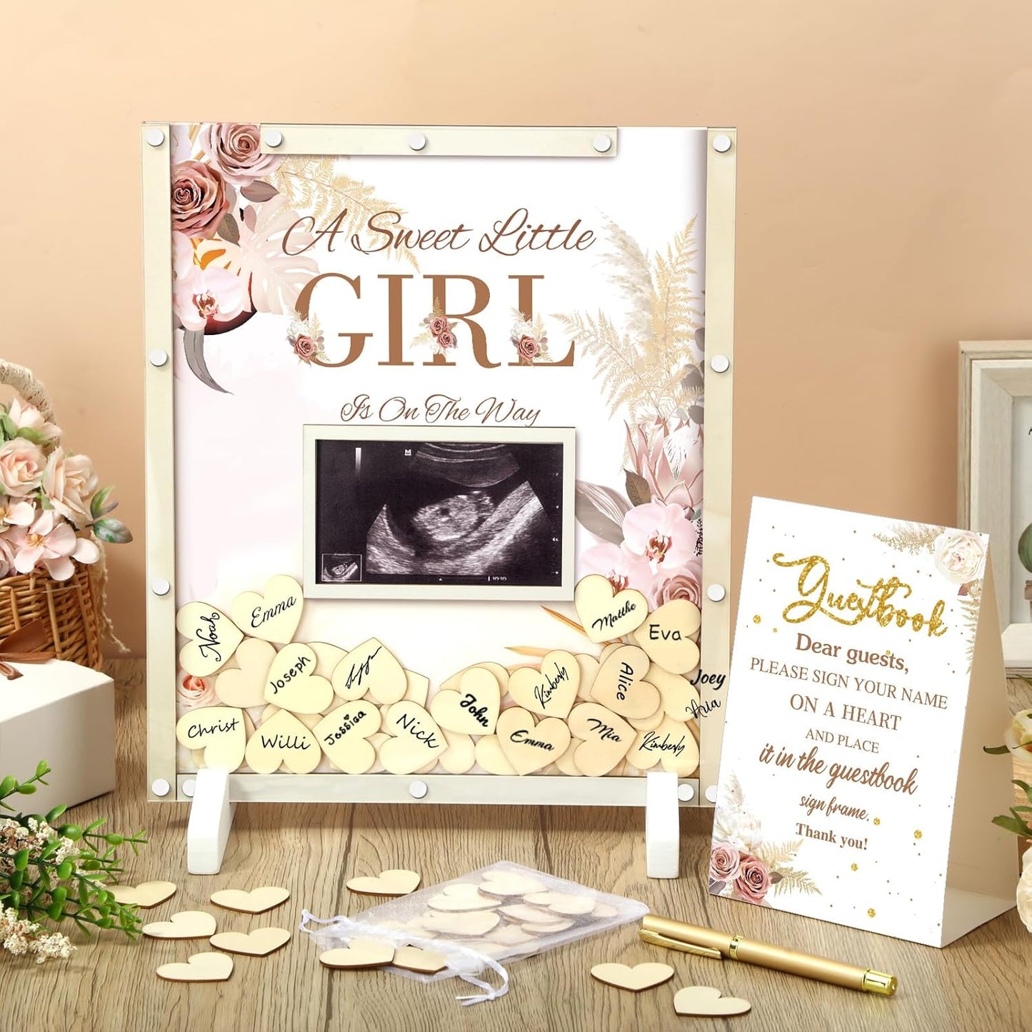 65 Pcs Baby Shower Guest Book Alternatives He or She Gender Reveal Boho Flower Baby Shower Decorations Sign in Guest Book with Picture Frame and 60 Wooden Chip