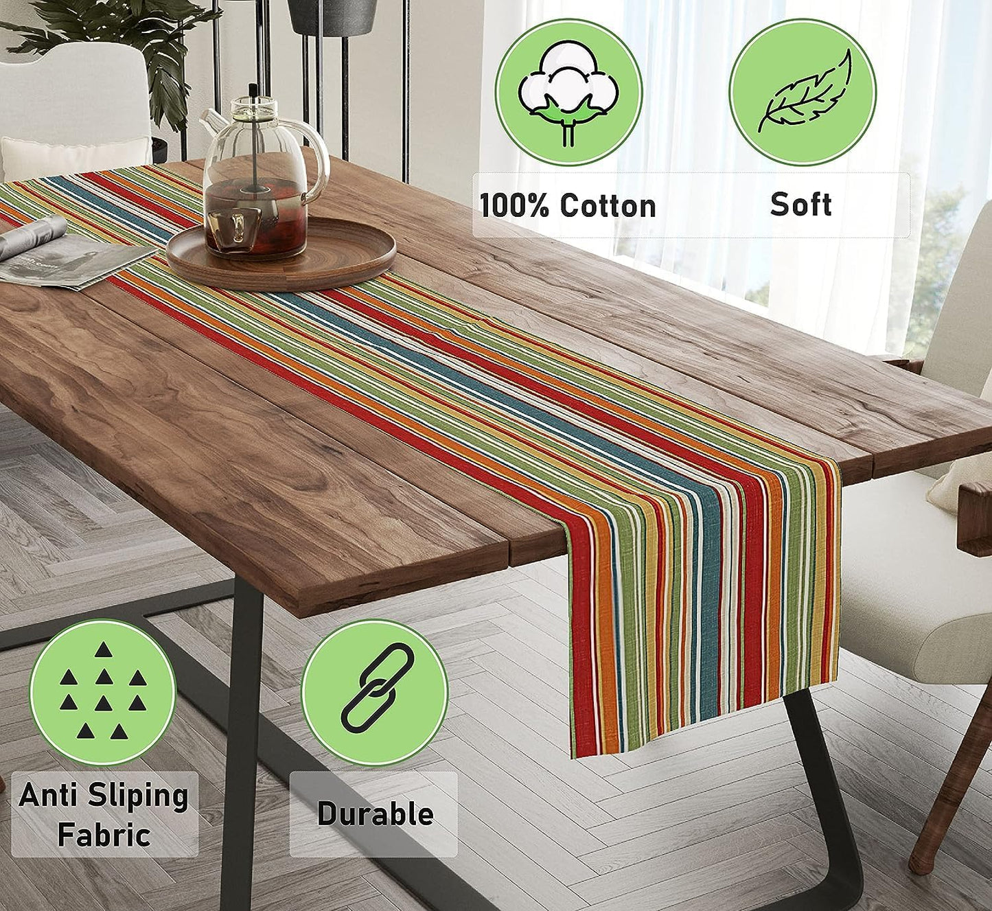 Ruvanti 100% Cotton Table Runner 36 Inches Long, Non-Slip, Stain Resistant, Washable & Reusable Table Runners Perfect for Wedding, Parties, Christmas, Holiday, in-Door use - Multi Stripe