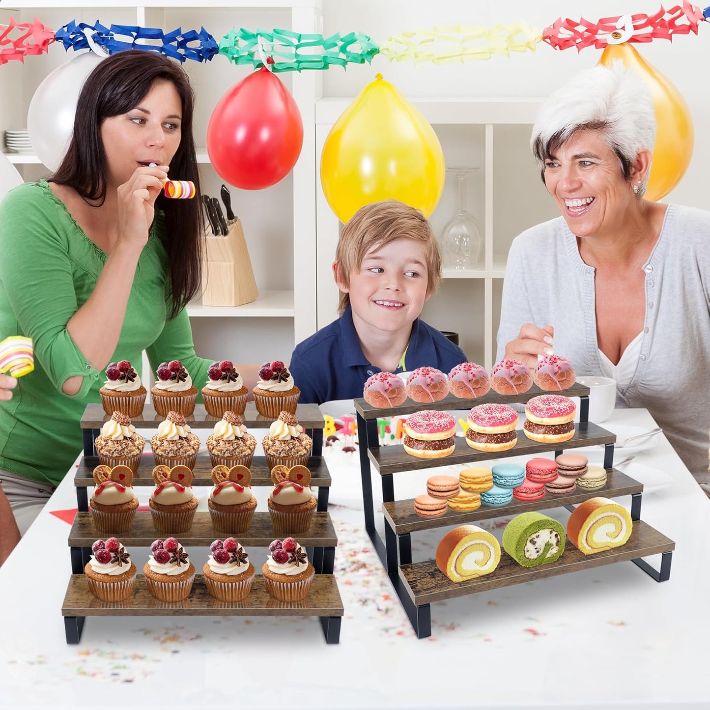 Wooden Cupcake Stand, 4 Tier Rustic Cupcakes Stands, Stepped Cupcake Ladder, Wood Display Stand Riser Shelf for Desserts, Perfume, Spice, POP Firgures and Collections