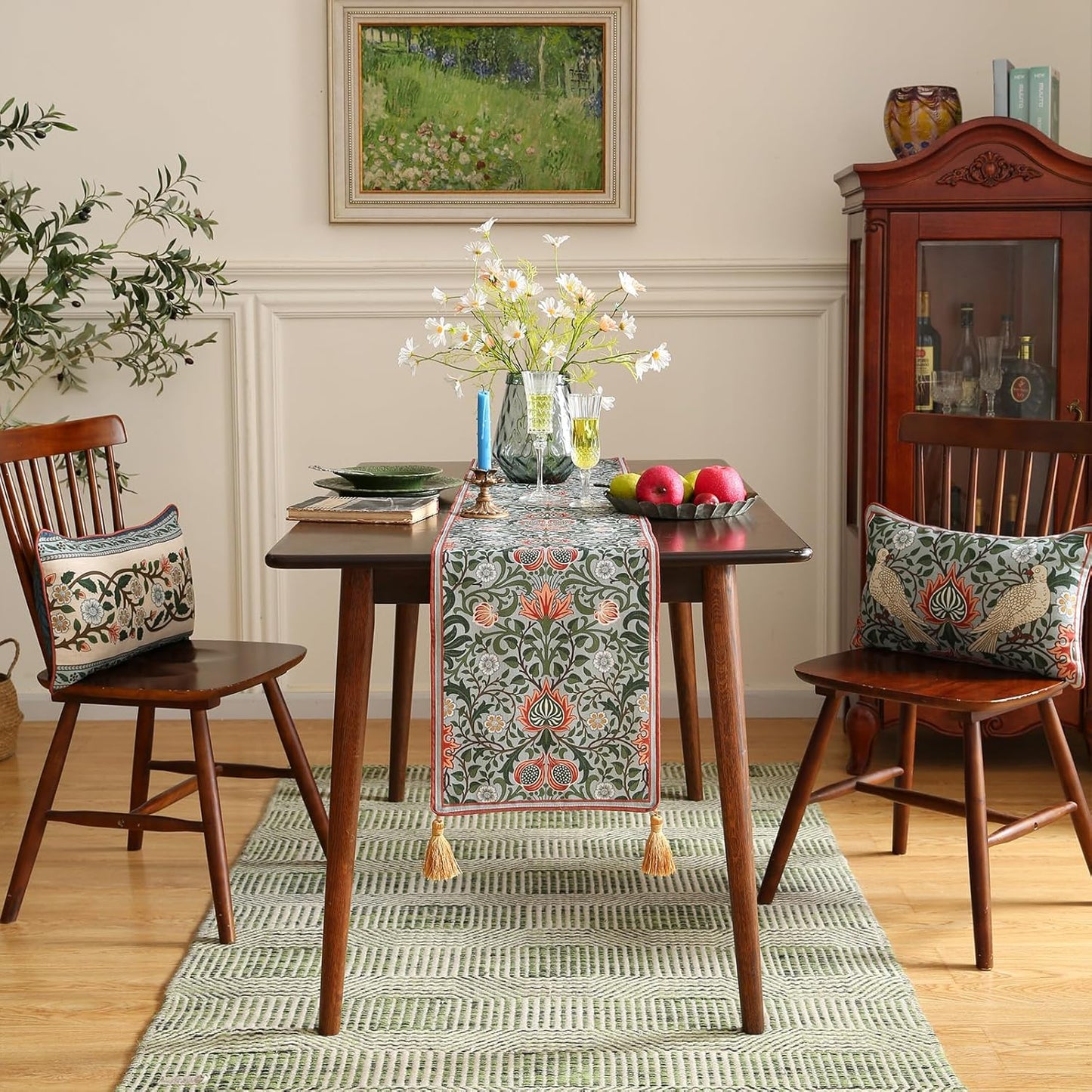 ISAENNE Designer French Green Elegant Linen Table Runner 87 Inches Long,Colorful Flower Pattern Soft Table Runners for Dining Tables,Thanksgiving,Kitchen Tables,Christmas,12"*87"-Naples B