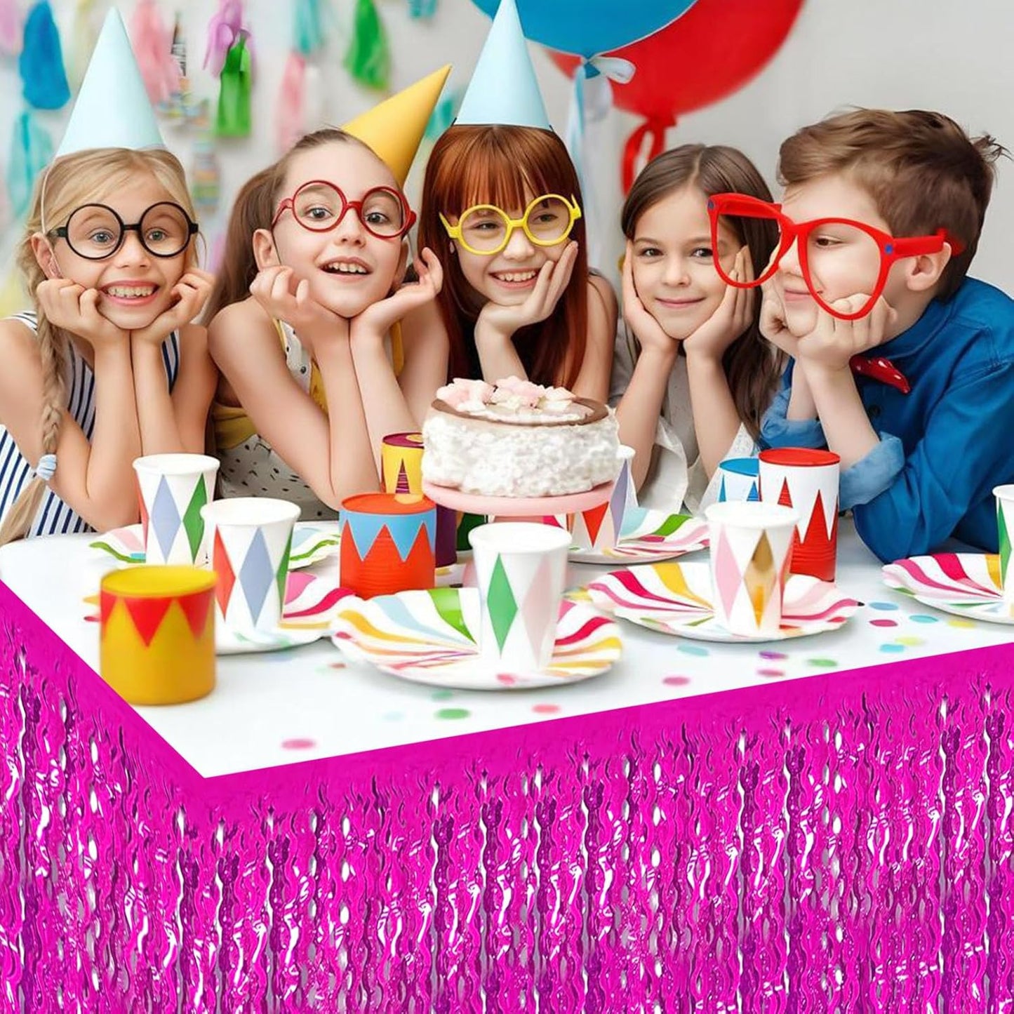 6 Pack 29x108 Inch Rose Red Wave Foil Fringe Table Skirts Metallic Banner for Tinsel Streamer Garland Backdrop for Parade Floats Mother's, Graduate, Mardi Gras, Birthday, Wedding Party Decorations