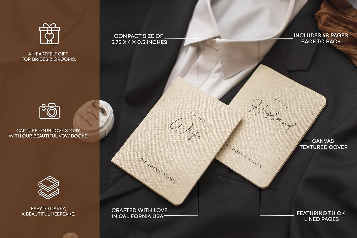 Slim Vow Books (Set of 2 - Design 2) - Soft Cream Canvas Linen Textured Cover Wedding Vow Booklets, Ceremony Speech Promise Notebook Journal, Gift for Newly Engaged Couple, 48 Lined Pages, 5.75" x 4"