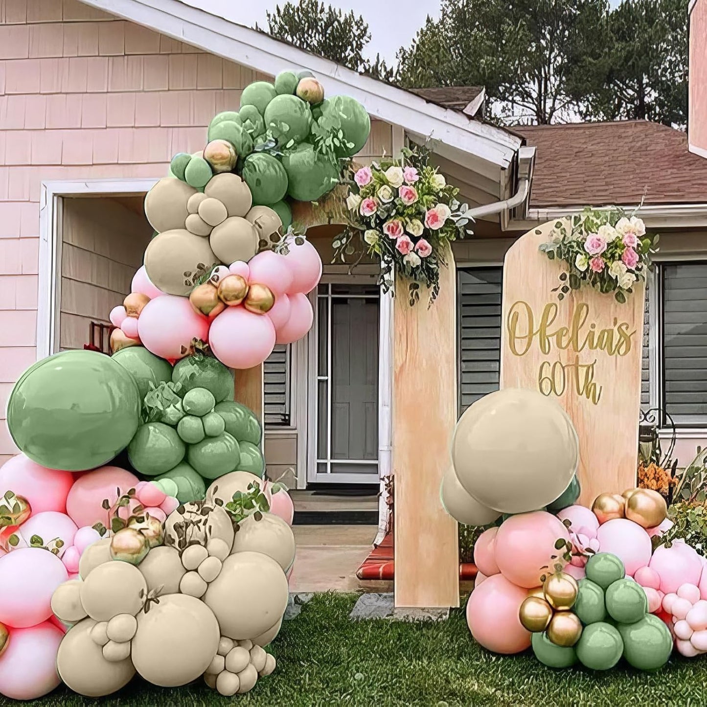 Pink and Green Balloons, Sage Green White Sand Party Balloons Chrome Metallic Gold Balloons Green Pink Latex Balloons for Kids Adults Boho Birthday Jungle Safari Party Wedding Baby Shower Graduation