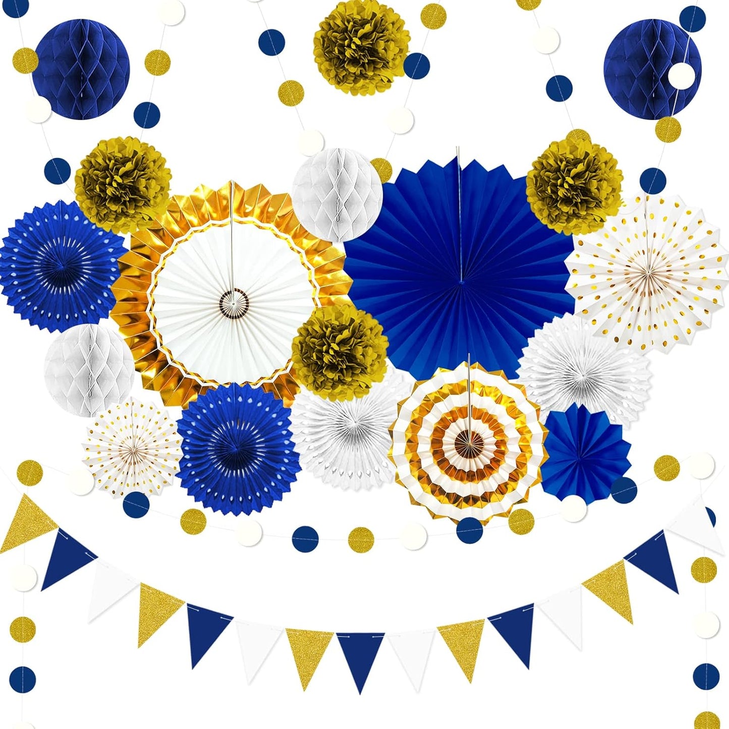 Blue and Gold Party Decorations - 23Pcs Navy Blue White Gold Baby Shower Birthday Decor for Men Boy Kids with Hanging Paper Fans, Pom Poms Flowers, Garland String Polka Dot Packs