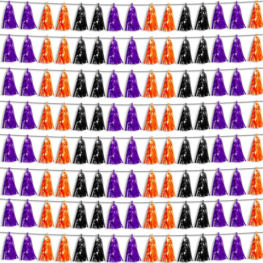 8P Purple Black 0range Foil Fringe Metallic Tassel Streamers Banner Tassel Garland for Parade Floats, Bachelorette, Wedding, Birthday, Halloween, Christmas, Bridal/Baby Shower Party Decorations