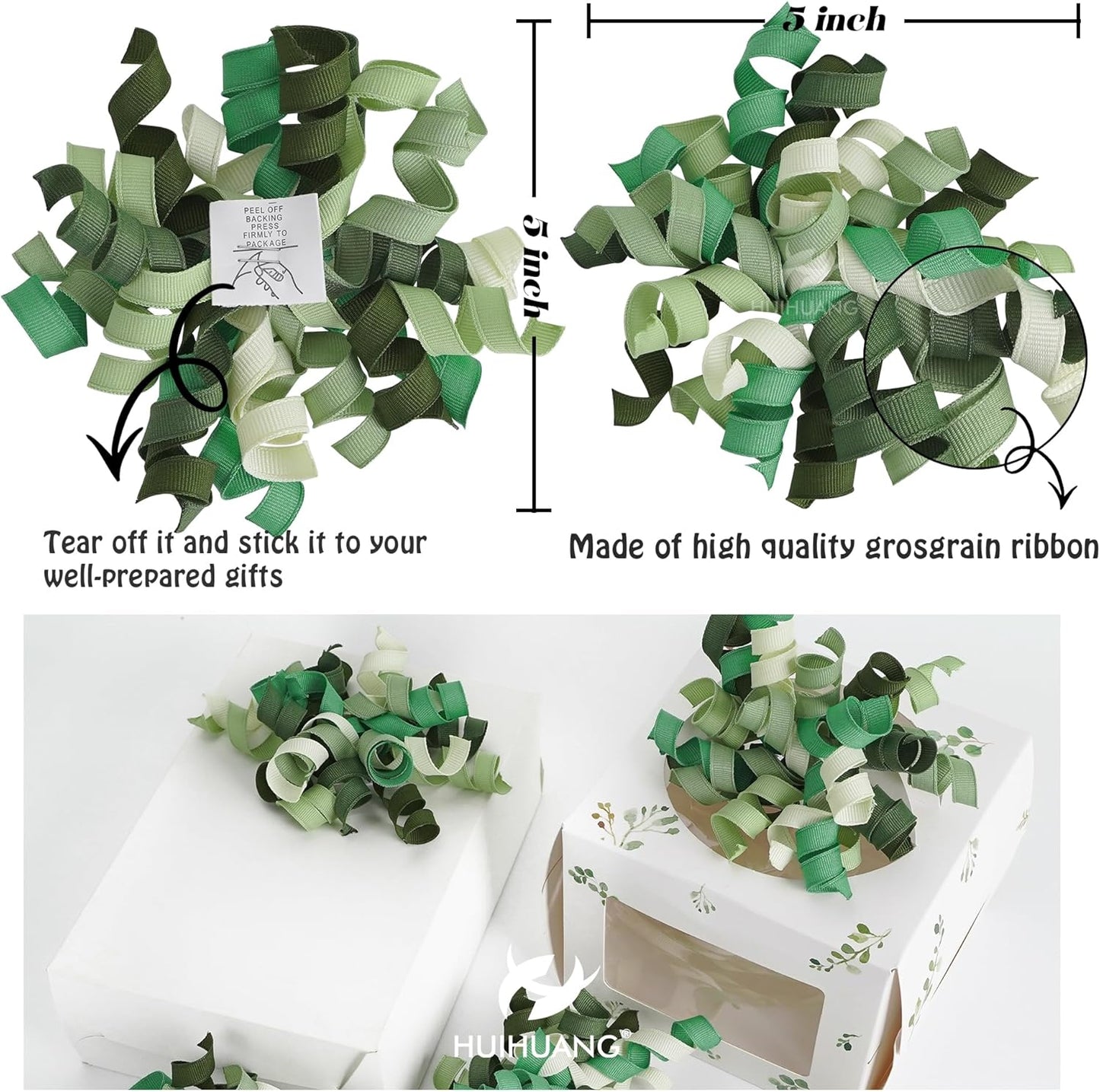 HUIHUANG Green Curly Gift Bows Self Adhesive Sage Green Burst Gift Bow for Gift Wrapping, Birthday, Wedding Baby Shower Party Favors, Wine Bottle, Treat Bags- 6 Counts