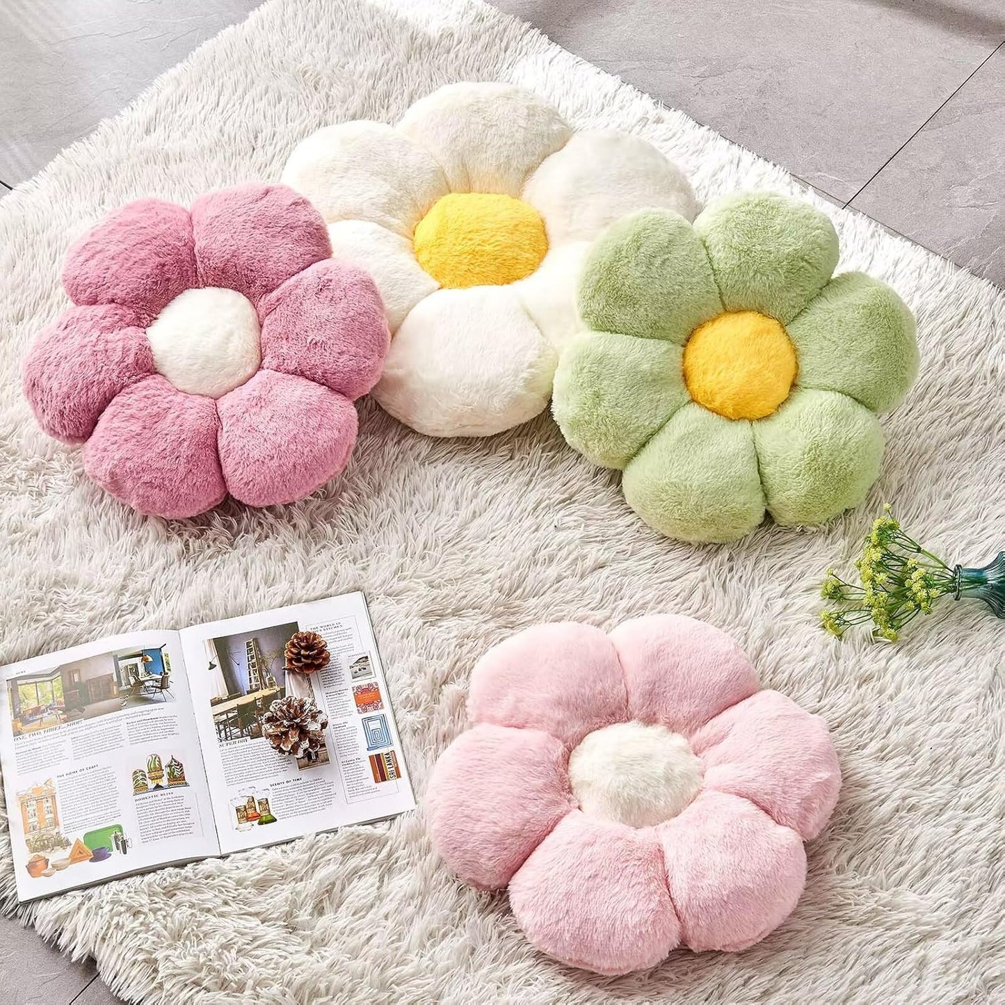 Pink Flower Pillow, 17.7" Flower Shaped Plush Decorative Throw Pillow for Bed