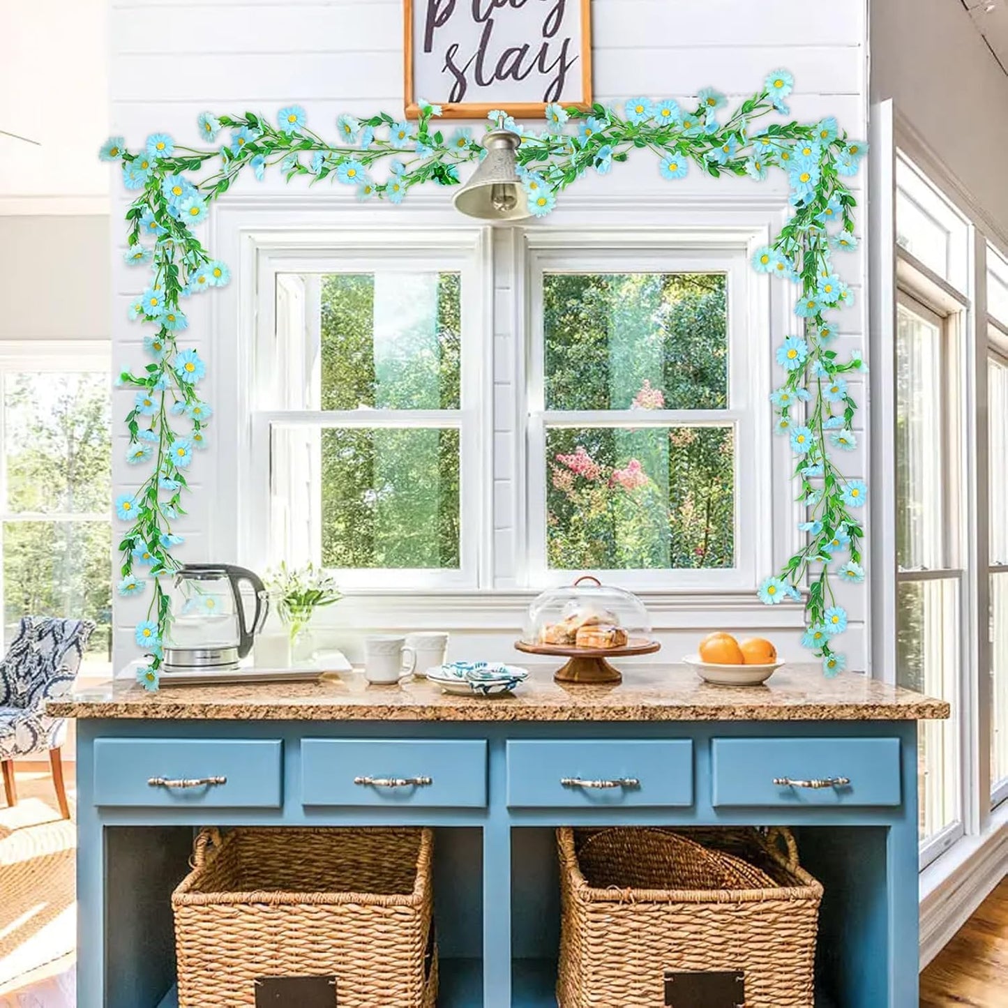 2 Pack Silk Flower Garland Artificial Blue Daisy Garland Fake Hanging Vines with Daisy Flowers for Wall Home Party Wedding Indoor Outdoor Spring Decor