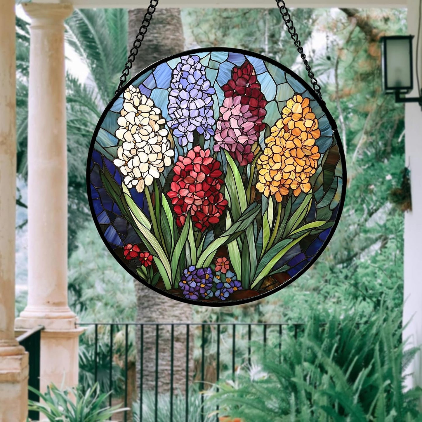 Stained Glass Window Hanging, Colorful Hyacinth Flowers Suncatcher for Doors Window Home Plant Sun Catchers Decoration Mother's Day Birthday Gifts for Women, Men, and Mom 11.8x11.8 in
