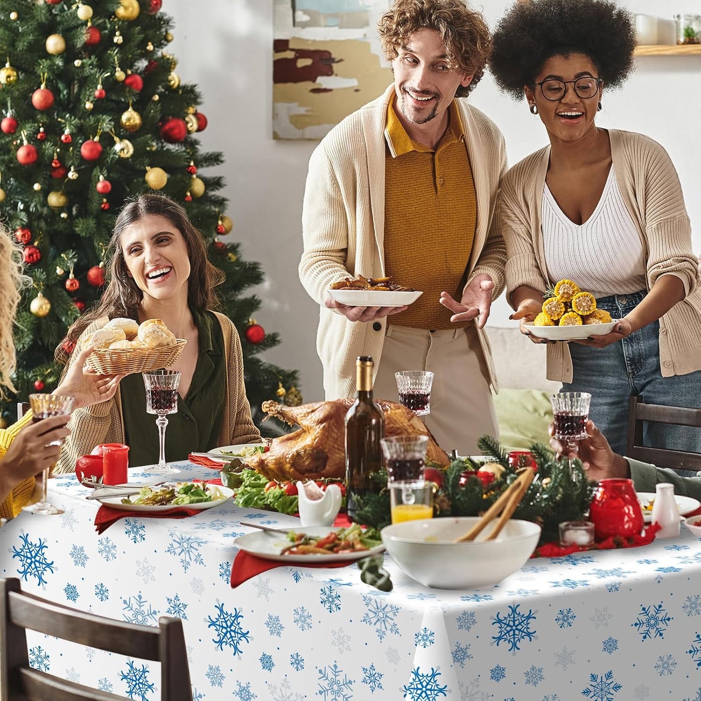 4.5x100 Feet Roll of Christmas Plastic Tablecloth Decorations,Disposable White Snowflake Blue Xmas Table Cover Photography Backdrop with Cutter Box for Winter Christmas Holiday New Year Party Supplies