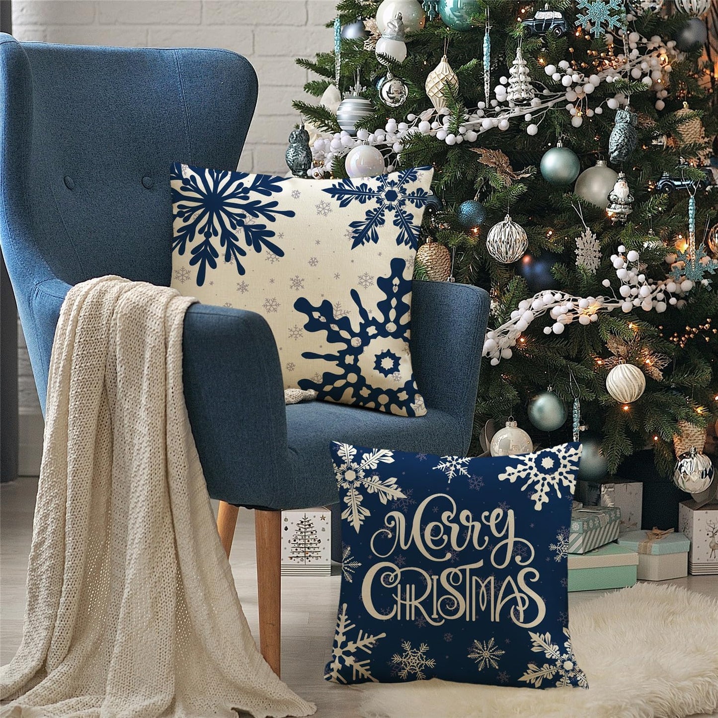 Christmas Pillow Covers 18x18 Blue Christmas Decorations Snowflake Reindeer Throw Pillow Covers Xmas Tree Winter Holiday Decor Cushion Case for Sofa Couch Set of 4