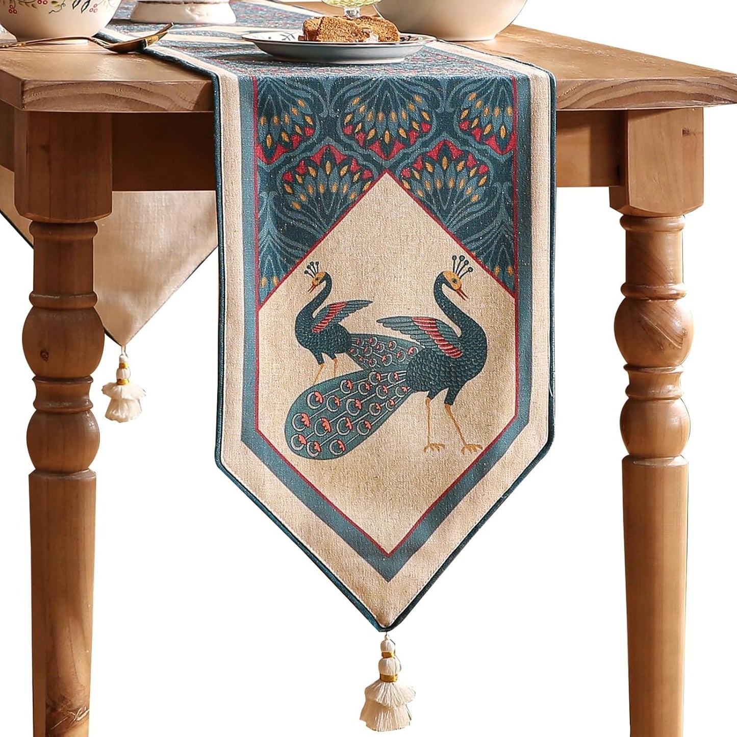 Vintage Blue Peacock Table Runner for Coffee Table,Decorative Linen 71 Inches Long Table Runners,Decor Tabletop for Kitchen,Dining,Tea Party,Home,Christmas,12"*71"