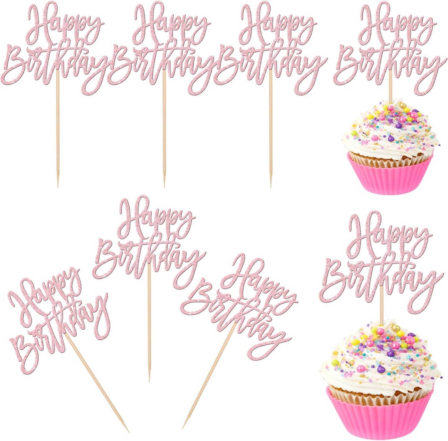24 PCS Happy Birthday Cupcake Toppers Glitter Picks for Celebrating Anniversary Theme Party Cake Decorations Supplies Light Pink