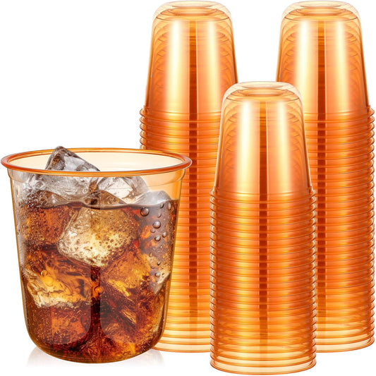 50pcs Disposable Stemless Glasses 12oz Crystal Plastic Wine Glasses Clear Classic Pet Cup for Meeting Weddings Birthdays Cocktail Christmas Party Supplies (Orange)