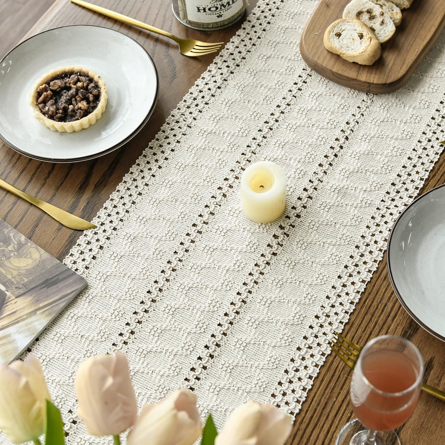 Artoid Mode Beige Farmhouse Woven Rustic Hollow Table Runner, Seasonal Holiday Hollow Kitchen Dining Table Decoration for Home Party Decor 12x120 Inch