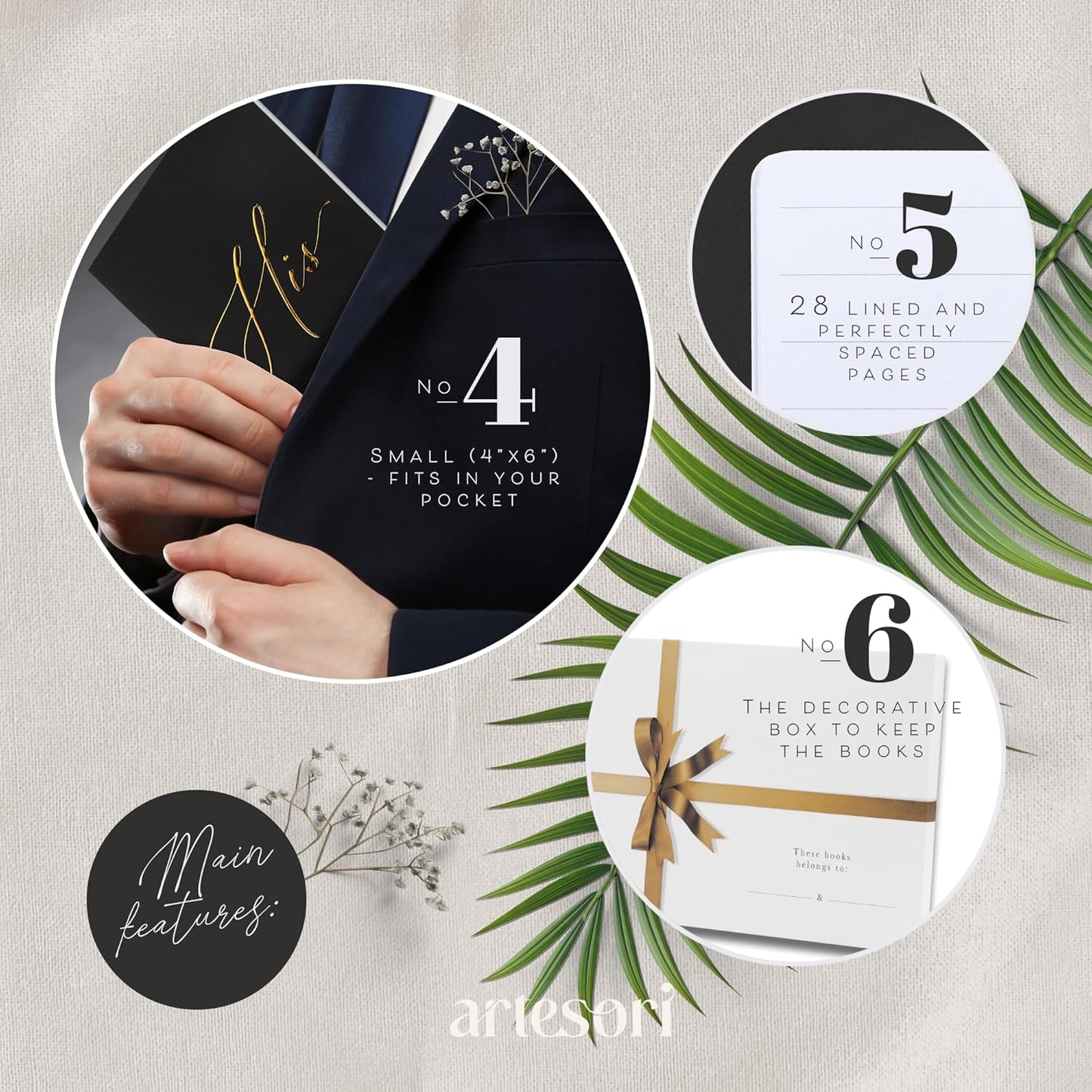 ARTESORI Wedding Vow Book for Her & Him, Soft Touch, Gold Engraving, 28 Lined Pages, Wedding Vow Books His and Hers, Wedding Essentials, Wedding Registry Gifts, His and Hers Gifts [Beige & Black]