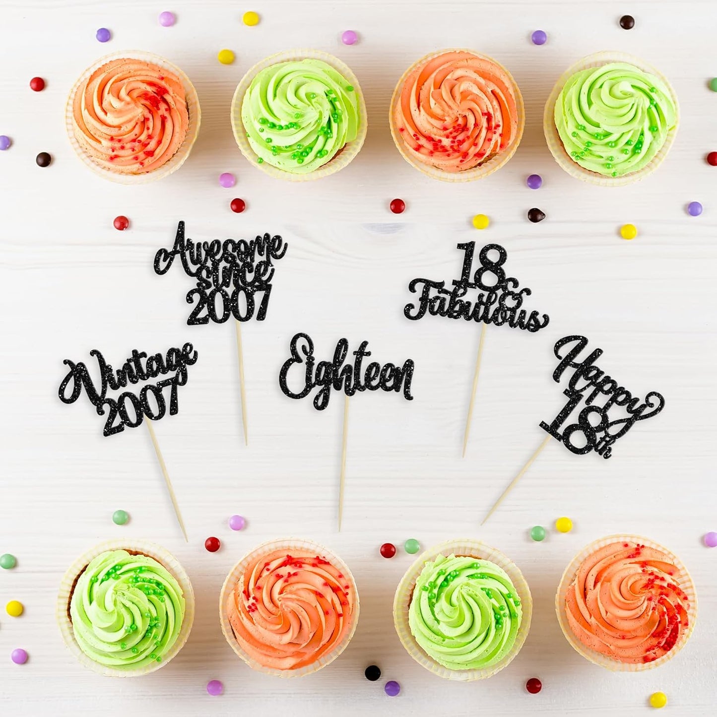 30Pcs Happy 18th Birthday Cupcake Toppers Glitter Eighteen Vintage 2007 Cupcake Picks Cheers to 18 Fabulous Cake Decorations for 18th Birthday Wedding Anniversary Party Supplies Black