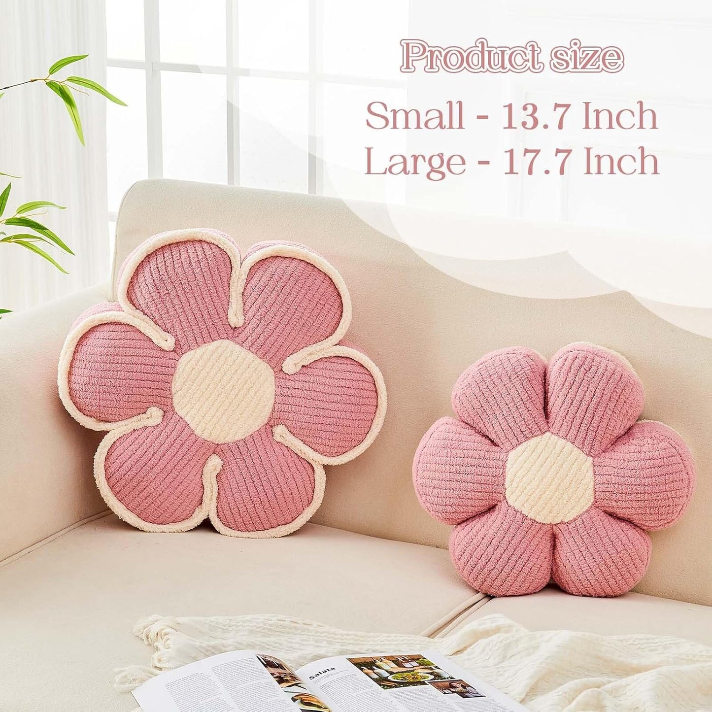 Flower Pillow, Soft Flower Decorative Throw Pillow, Cute Daisy Flower Shaped Seating Floor Cushion Room Décor Plush Pillows for Sofa Couch Bed (17.7 Inch, Pink)