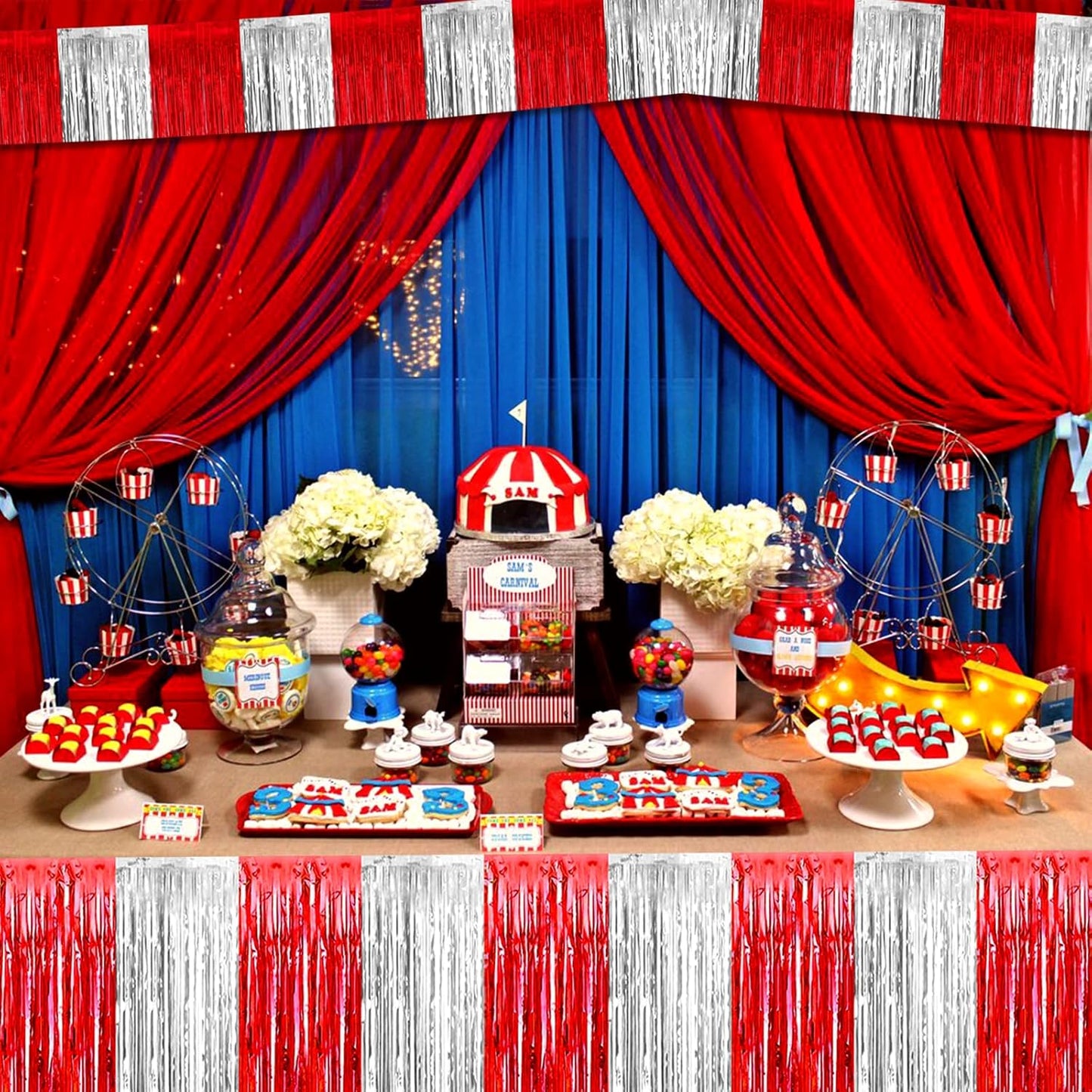 10 Pack 10 Feet Foil Fringe Garland Metallic Tinsel Streamers Banner Wall Hanging Backdrop for Parade Floats, Circus Welcome Carnival Birthday Party Decorations(Silver Red)