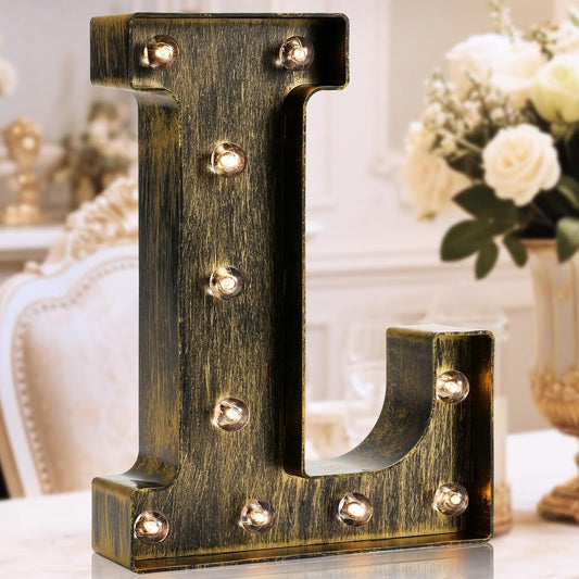 OYCBUZO Golden Black Led Marquee Letter - Industrial, Vintage Style Light Up Alphabet Letter Sign for Cafe Wedding Birthday Party Christmas Lamp Home Bar Initials Decor - L