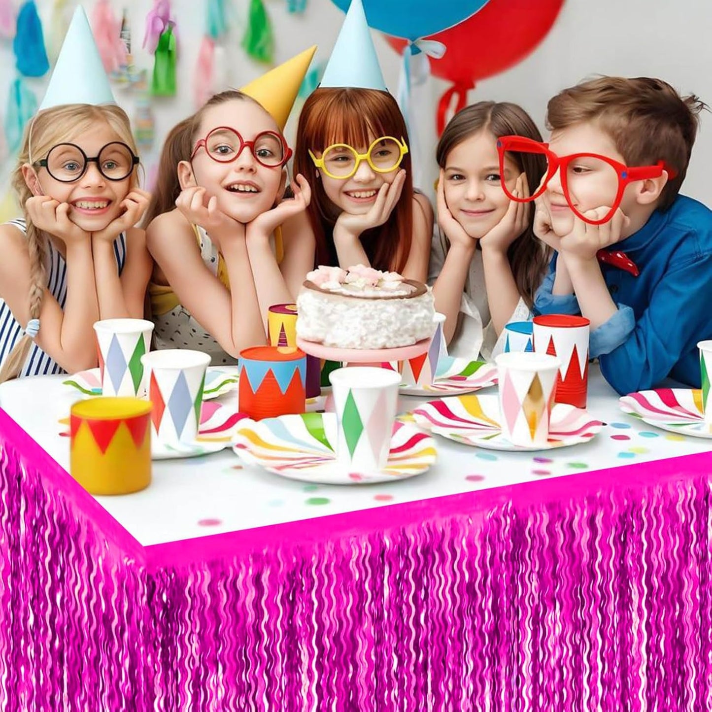 6 Pack 29x108 Inch Rose Red Wave Foil Fringe Table Skirts Metallic Banner for Tinsel Streamer Garland Backdrop for Parade Floats Wedding, Mother's Day, Birthday Mardi Gras Party Decorations