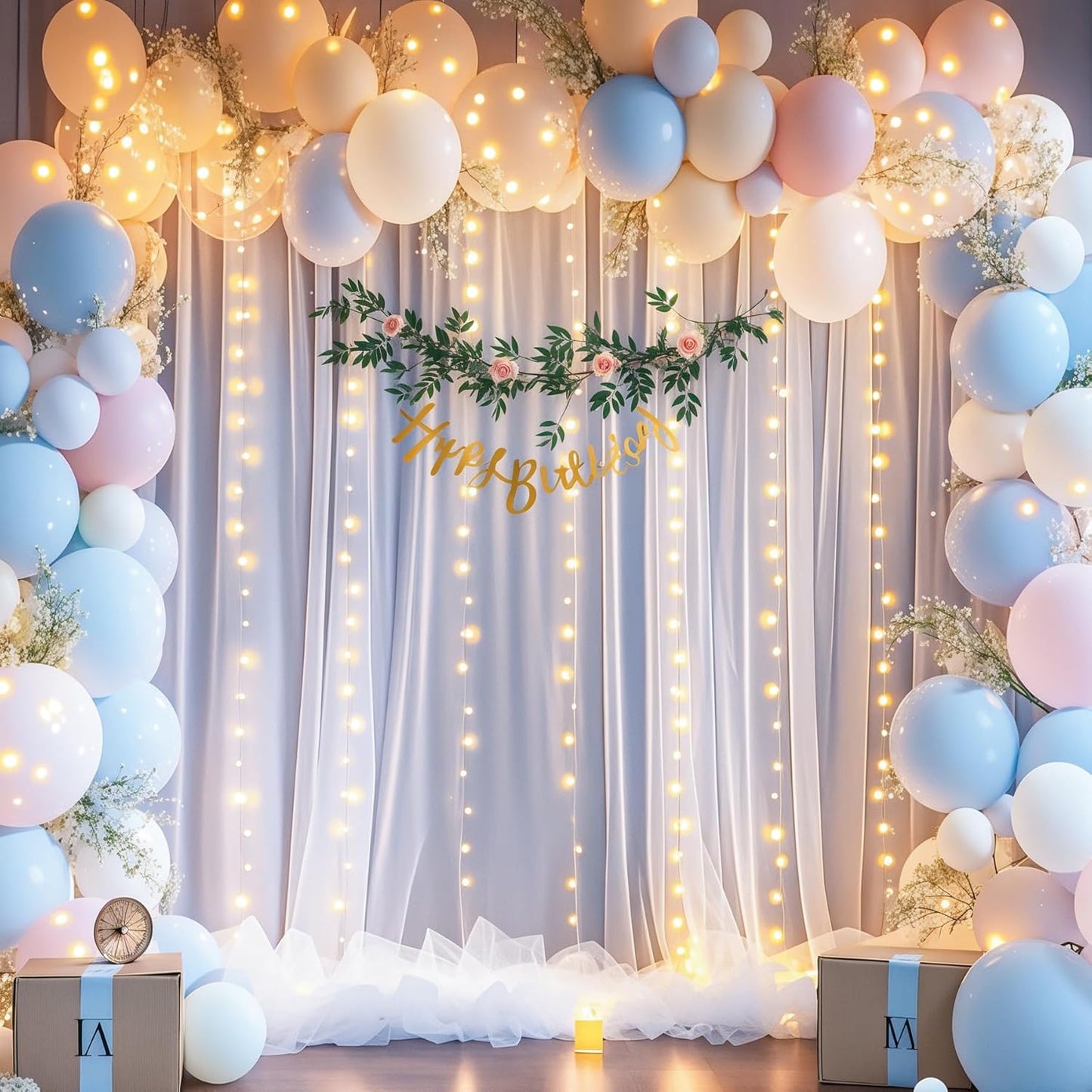 10x10ft White Tulle Backdrop Curtain with Lights String for Parties Wedding Twinkle Sheer Backdrop Curtains for Bridal Shower Birthday Party Baby Shower Photo Booth Decorations