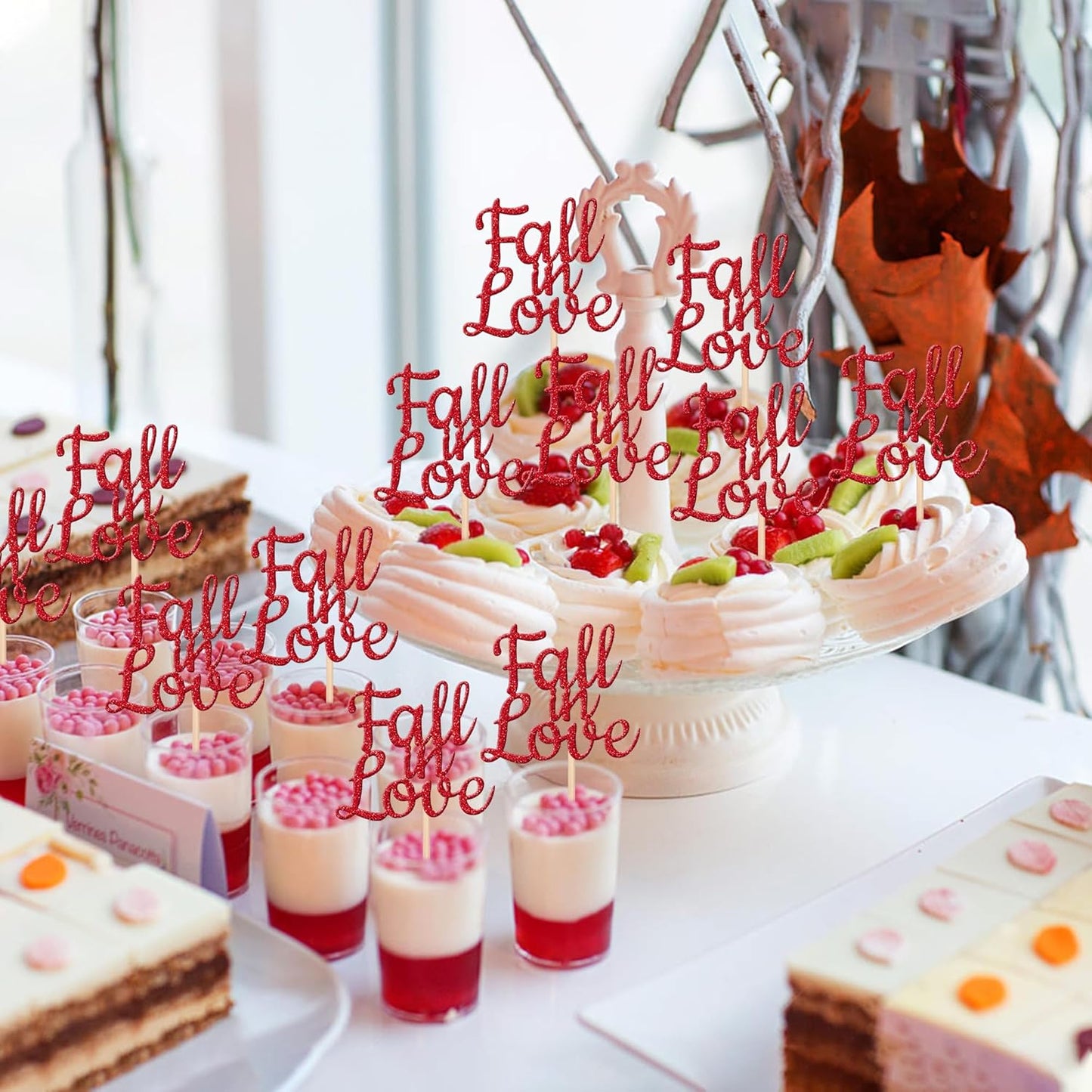 24 PCS Fall in Love Cupcake Toppers Glitter Fall Theme Party Cupcake Picks Bridal Shower Cupcake Decorations for Autumn Wedding Engagement Anniversary Birthday Party Cake Decorations Supplies Red