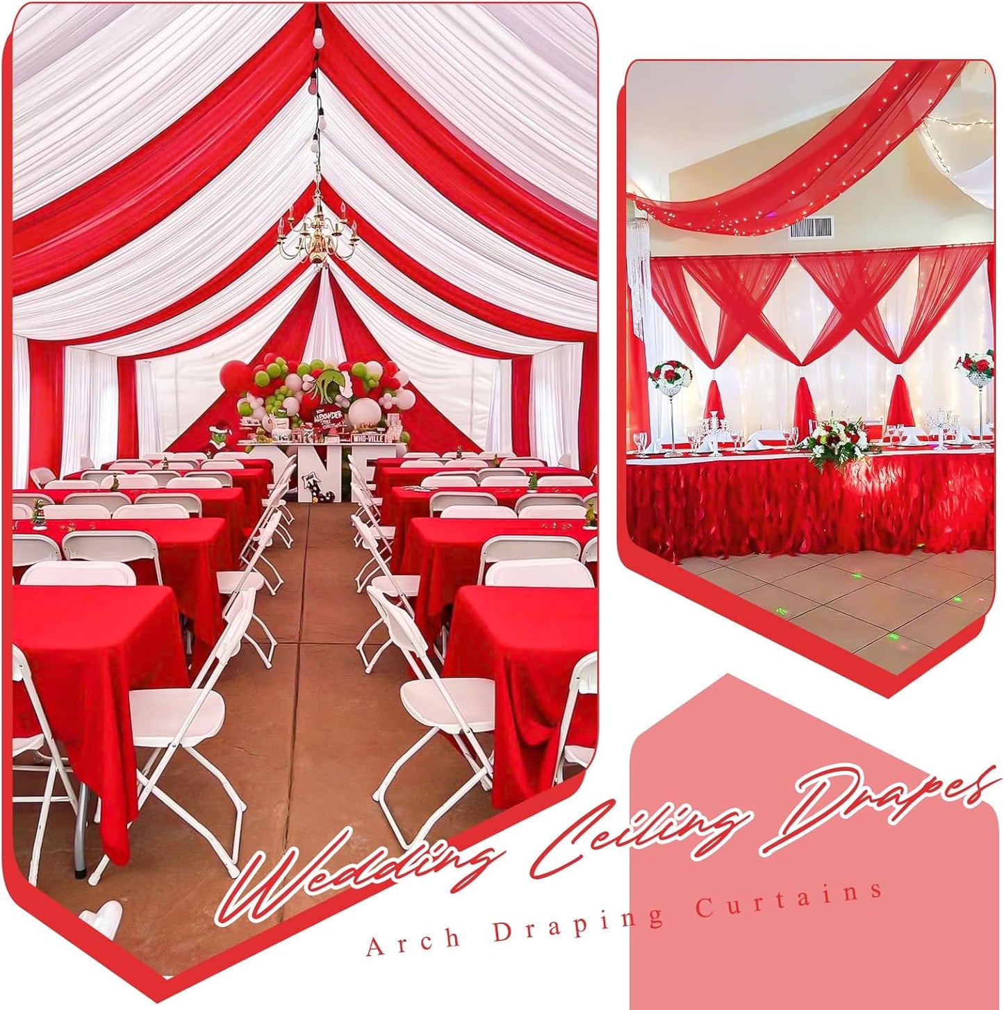 6 Panels Red Ceiling Drapes for Wedding 5ftx30ft Chiffon Fabric Arch Draping Curtains Sheer Drapery for Party Ceremony Birthday Baby Shower Reception Stage Swag Ceiling Decorations