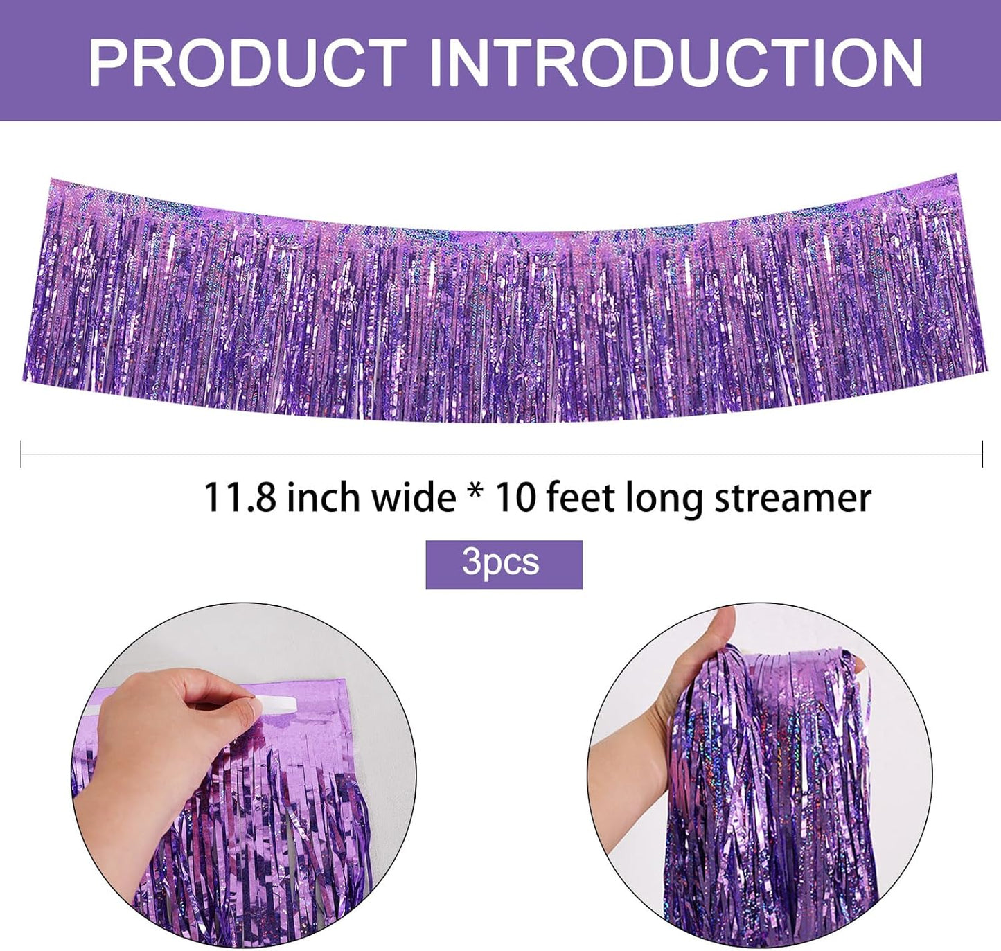 BEISHIDA 3 Packs Metallic Foil Fringe Garland Laser Light Purple Wall Hanging Tinsel Fringe Banners for Car Floats Bridal Shower Wedding Birthday Easter Graduation Holiday Party Decoration(30 Feet)