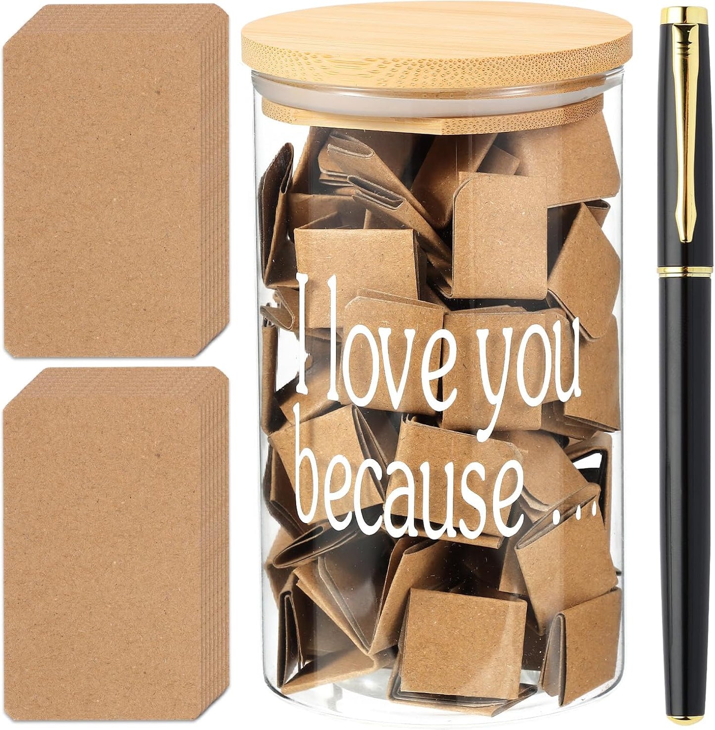 Love Notes Jar Love You Because Jar with 100 Note cards and 1 Pen, Christmas Anniversary Birthday Gifts for Boyfriend Girlfriend Wife Husband, Newlywed Gifts for the Couple