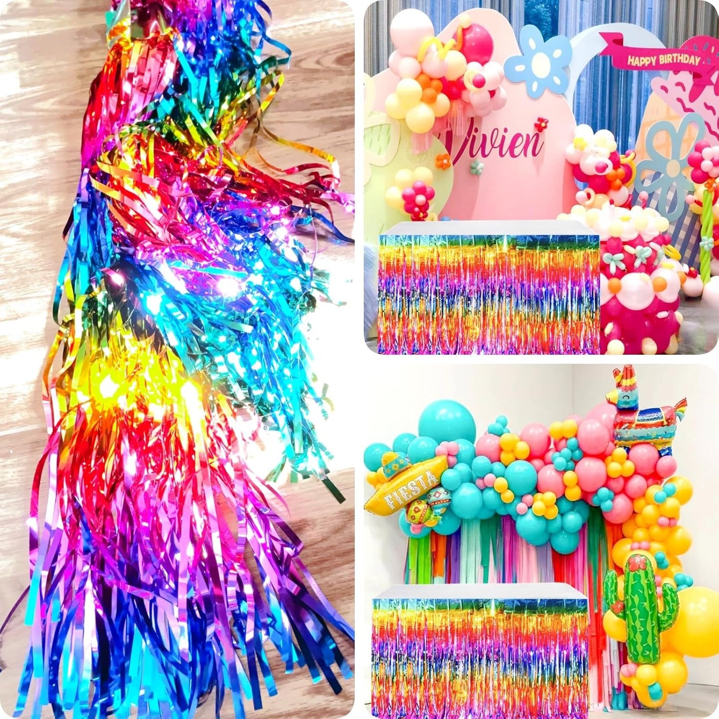 Rainbow Streamers Party Decorations, 2 Packs Gradient Rainbow Table Skirts Metallic Foil Fringe Tinsel for Birthday Unicorn Pride Gay Fiesta Graduation Float Parade Party Supplies - 29x108 Inch