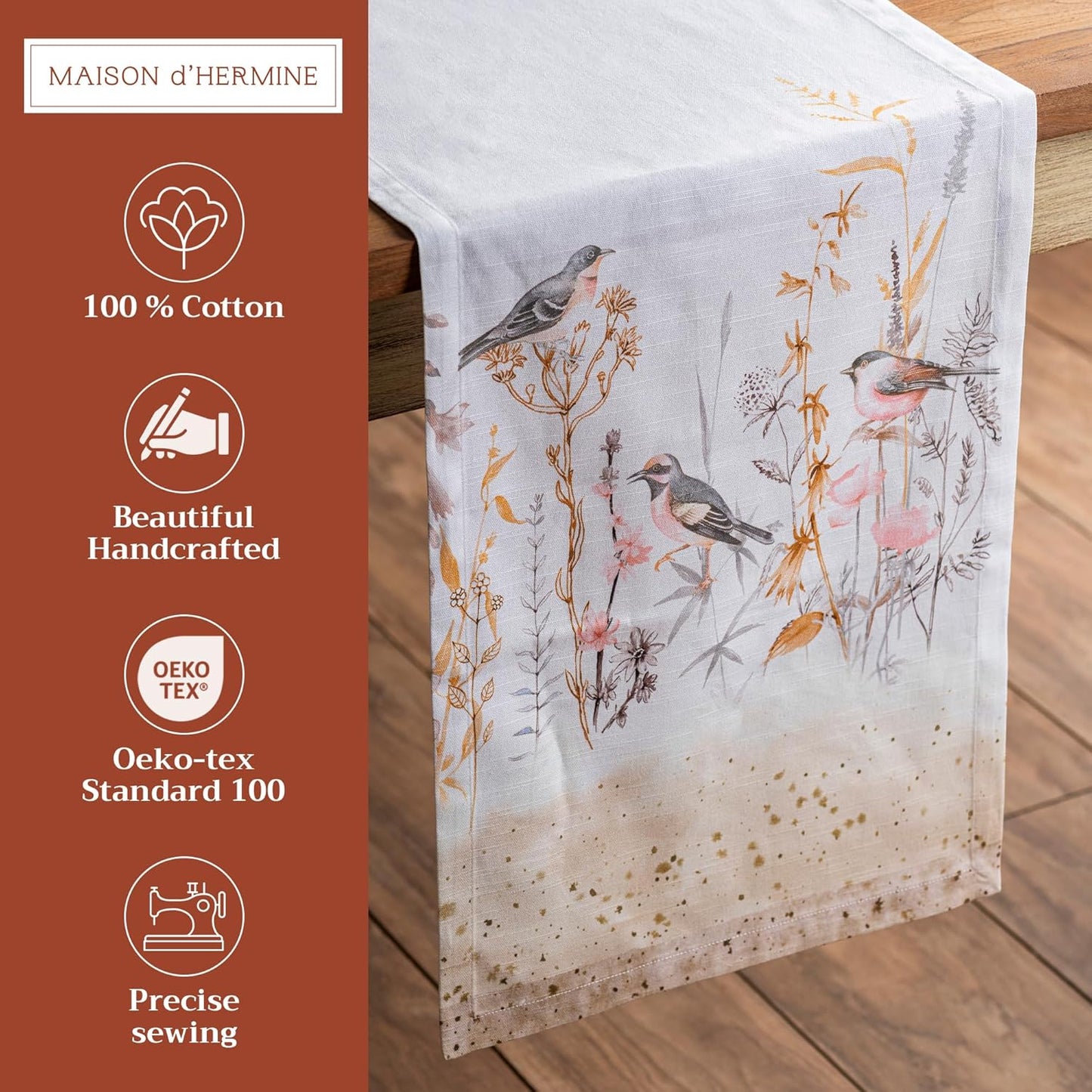 Maison d' Hermine Table runner 100% Cotton Single Layer Table Runners 72 inches long Decorative for Home Kitchen Dining Party Wedding Bridal Shower Spring Summer (Meadow Florals - Beige, 14.50" x 72")