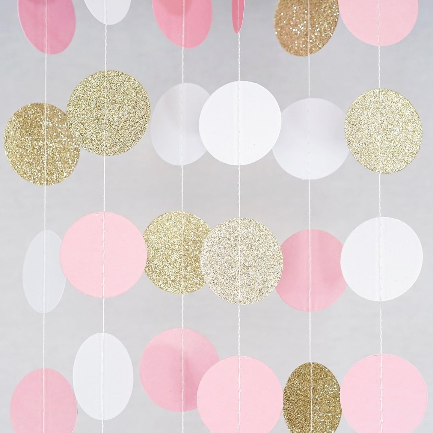 Chloe Elizabeth Circle Dots Paper Party Garland Streamer Backdrop (10-Pack, 10 Feet Per Garland, 100 Feet Total) - Pink, White, Gold Glitter