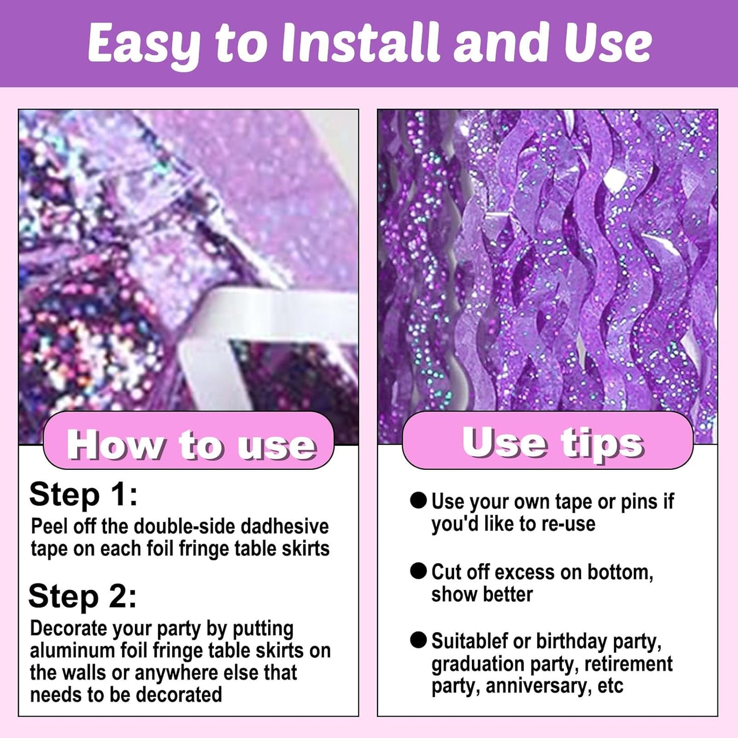 6 Pack 29x108 Inch Light Purple Wave Foil Fringe Table Skirts Metallic Banner for Tinsel Streamer Garland Backdrop for Parade Floats Mother's, Graduate, Mardi Gras, Birthday, Wedding Party Decorations