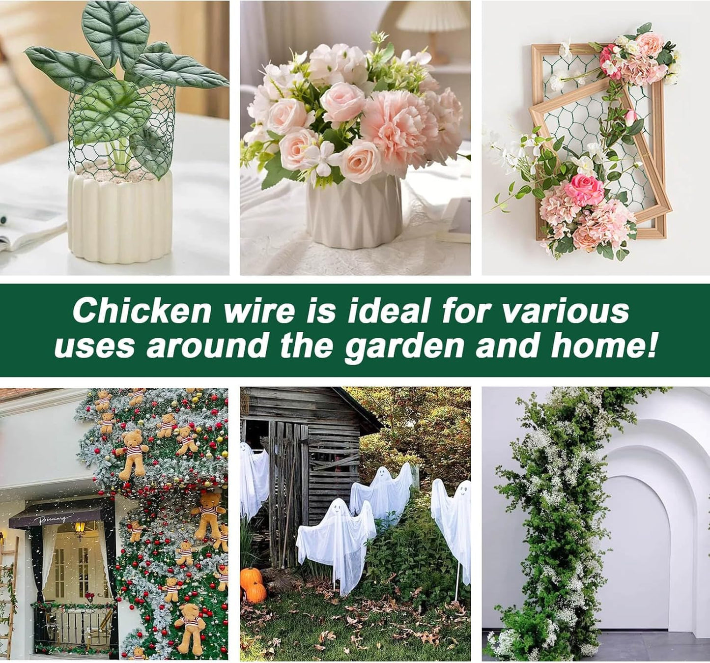 4 × 236 in Floral Wire Netting, Green Chicken Wire for Floral Arrangements, Galvanized Coated Chicken Mesh Netting with Plier & Plant Ties for Floral Supplies | Garden Fencing | DIY Craft