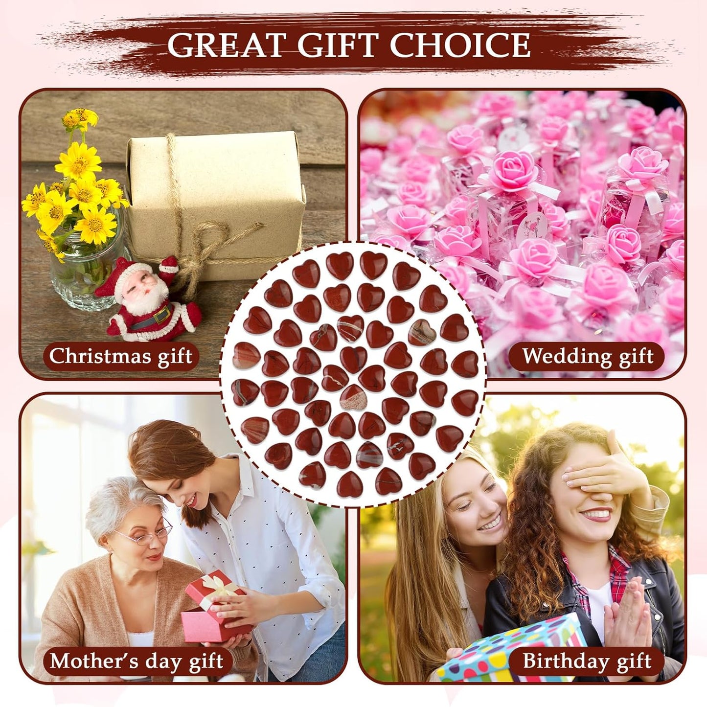 Gerrii 50 Pcs Heart Healing Stone Bulk Quartz Heart Inspirational Stones Gift for Women Love Pocket Polished Natural Energy Balancing Meditation 0.8 Inch(Red)