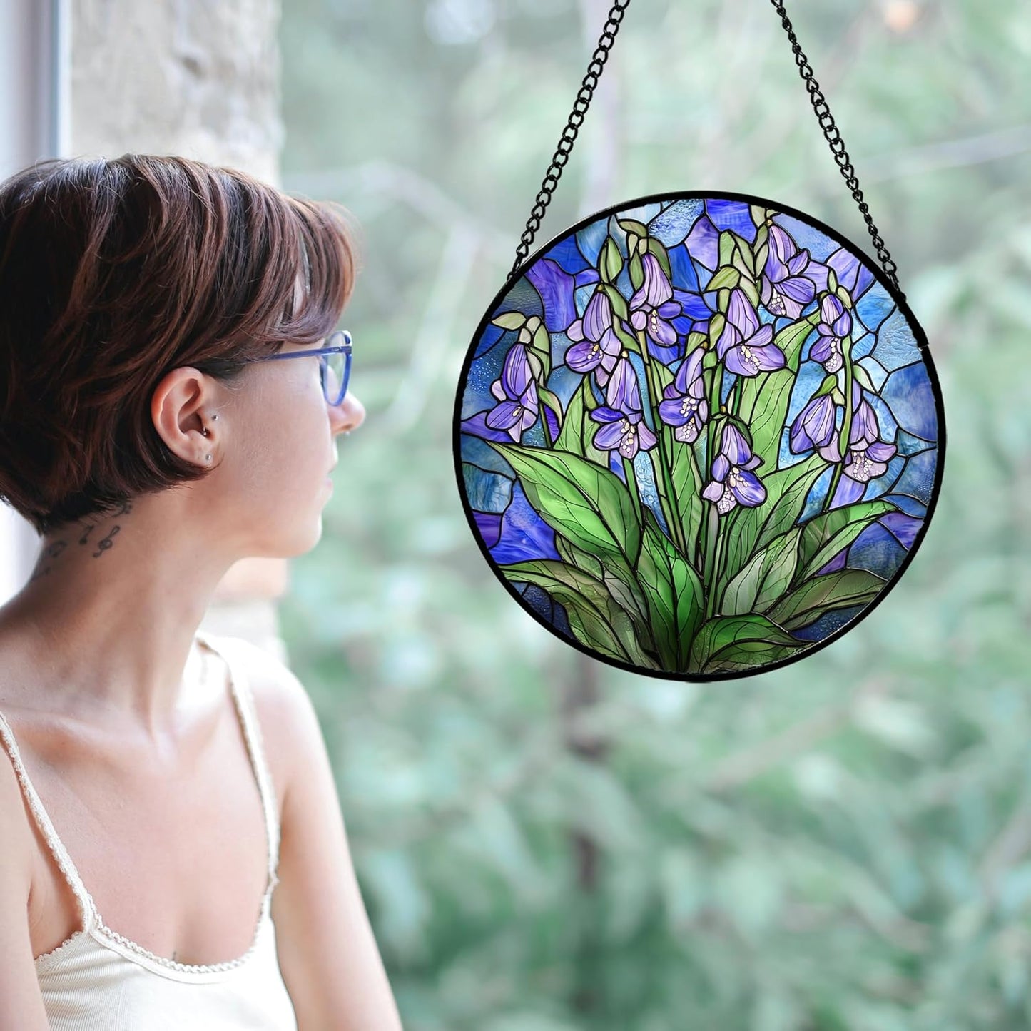 Stained Glass Suncatcher, Blue Purple Flowers Green Leaves Sun Catcher Plants Stain Glass Window Hanging Decoration Mother's Day Birthday Gifts for Women Men Mom and Nana 7.8 in