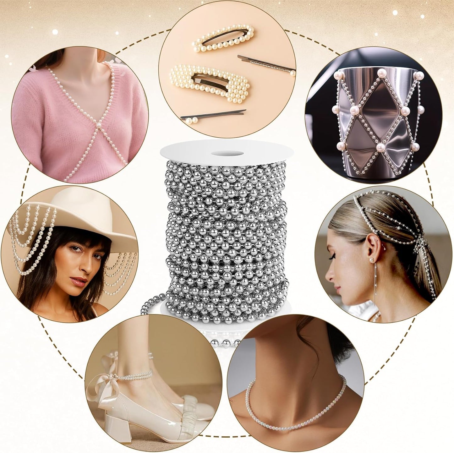 Pearl Beads Garland, 6 MM Silver Faux String of Pearls, Pearl Garland for Christmas Tree 82FT Pearl Beads Strand Spool Bead Roll for Crafts Floral Centerpieces Wedding Party Christmas Tree Decorations