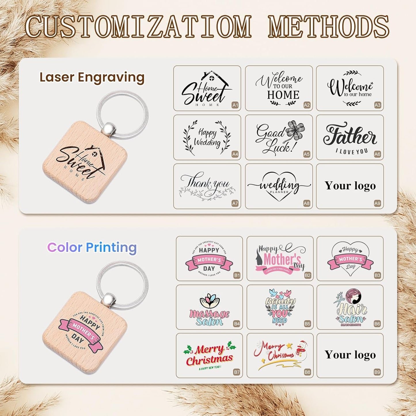 Custom Engraved Wooden Keychain 1-1000Pcs, Personalized Wood Keychains Bulk, Customized Your LOGO & Text on Double-Sides for School/Class/Family/Company Events