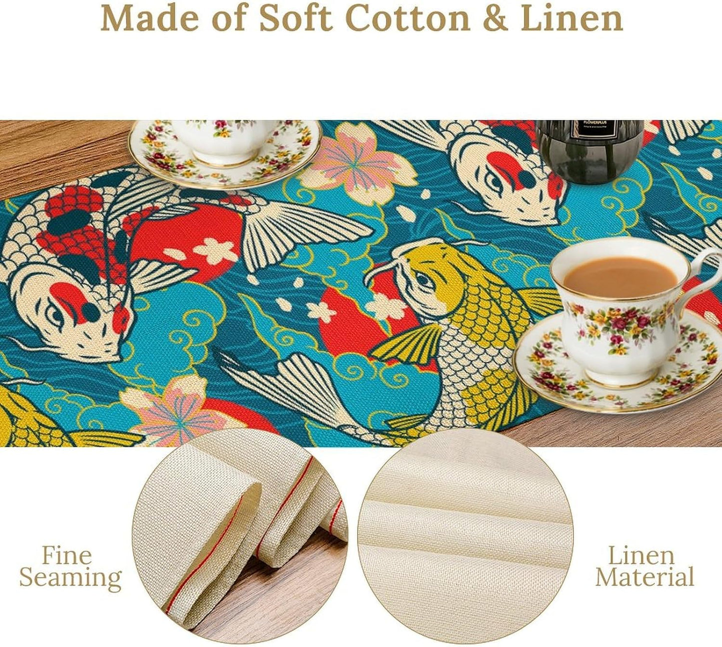 Japanese Kio Fish Table Runner Oriental Tradition Cherry Art Printed Burlap Runner Home Kitchen Dining Table Living Room Decor Fabric 1 Panel W13xL70in