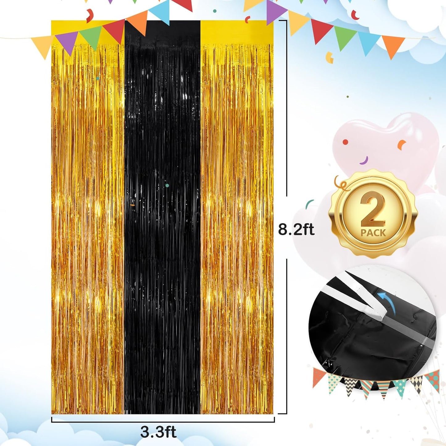 Black Gold Streamer Tinsel Foil Fringe Curtains Streamer 2Pack 3.3X 8.3Ft Streamer Tinsel Streamer Curtains for Birthday Party Decors Wedding Bachelorette Bridal Shower Xmas Decors Streamers