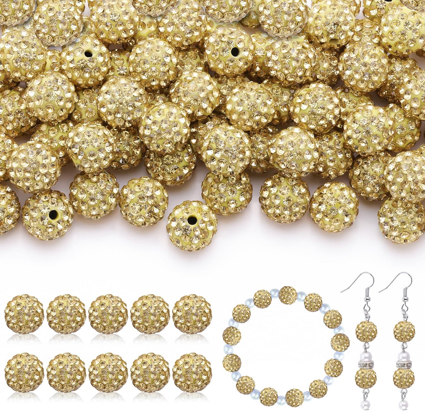 105pcs 10mm Rhinestone Beads for Jewelry Making, Light Yellow Shiny Round Disco Beads Bulk, Sparkle Crystal Clay Christmas for Bracelet Baseball Necklace Earring Crafting and DIY