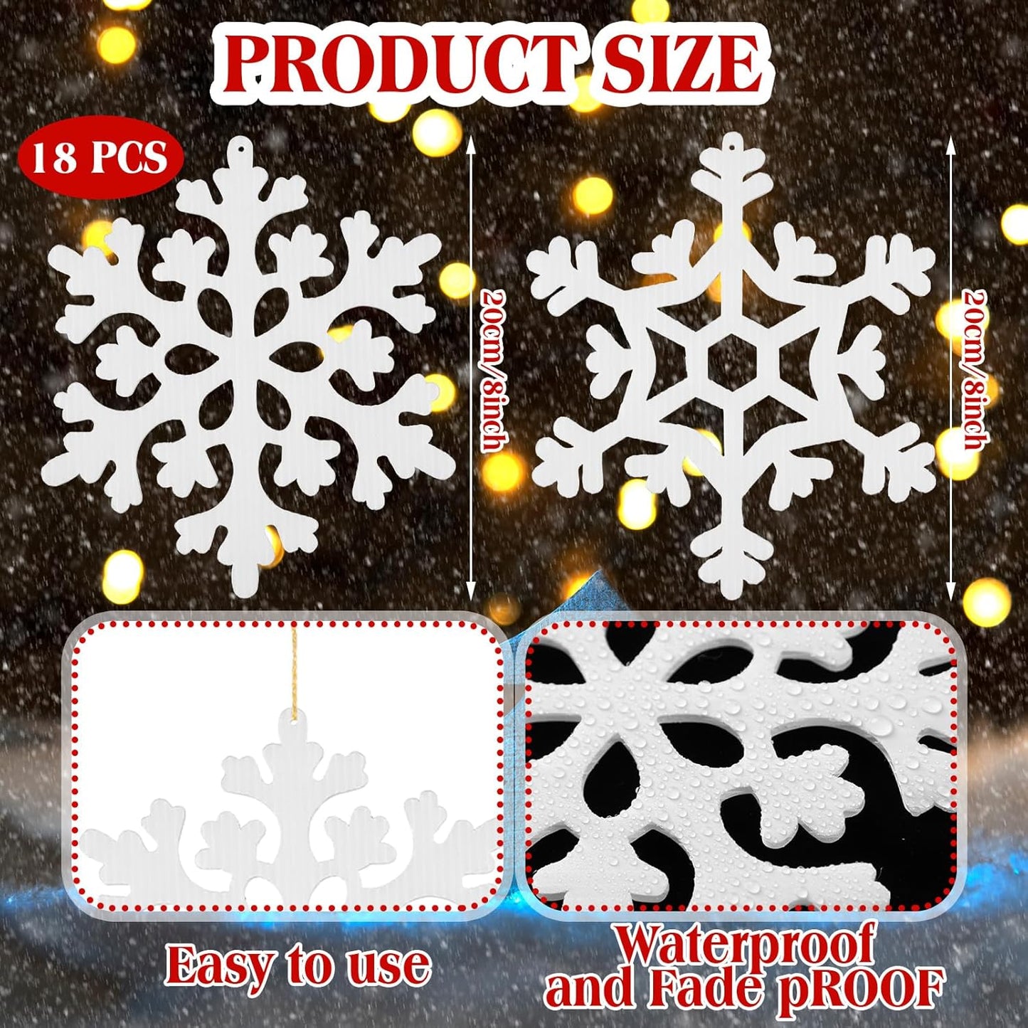 18 Pcs Large Christmas Snowflake Decorations, 8 Inch White Snowflake Hanging Ornaments Plastic Christmas Yard Decorations for Winter Indoor Outdoor Xmas Tree Holiday Yard Lawn Decor