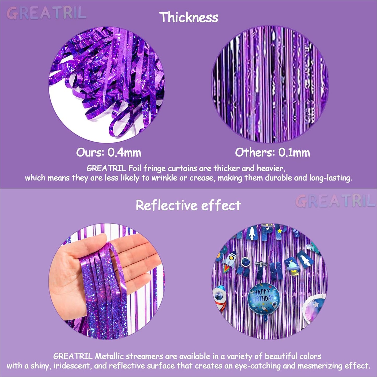 Purple Tinsel Curtain Party Backdrop - GREATRIL Foil Fringe Curtain Party Photo Booth Streamers for Hunters Mermaid Themed Decorations - 1m x 2.5m - Pack of 2