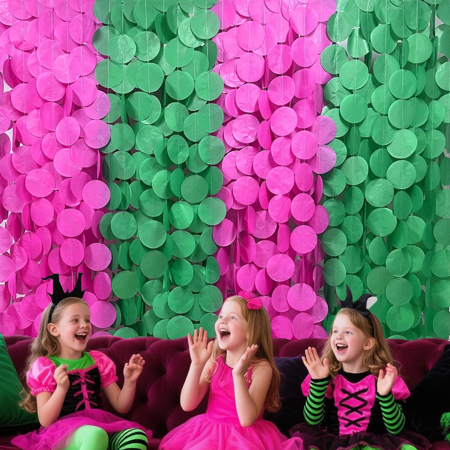 205 Ft Hot Pink and Green Party Decorations Circle Dot Backdrop Garland Tissue Paper Polka Dots Hanging Streamer for Witches Theme Birthday Baby Shower Bachelorette Wedding Engagement Party Supplies